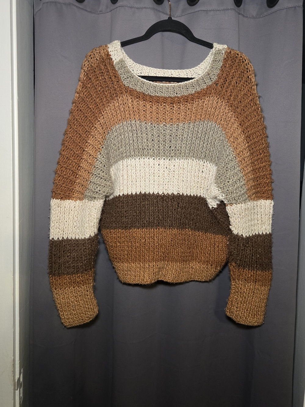 Handmade Striped Knit Pullover Sweater in Brown and Cream L